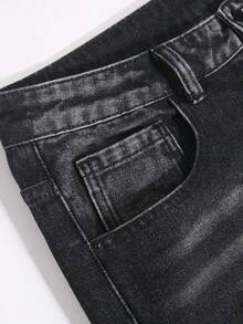 Manfinity EMRG 男士休闲水洗做旧字母印花牛仔裤 - 黑色 - 查看 3