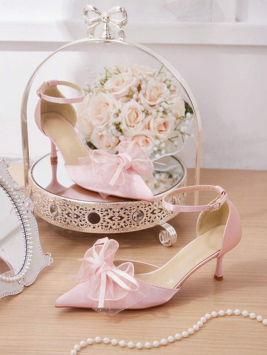 CUCCOO HITCHD 四季新款蕾丝蝴蝶结尖头高跟鞋优雅气质时尚浑力吉缎面女式高跟鞋踝带鞋优雅气质时尚婚礼情人节茶歇优雅穿搭情人节 - 淺粉色絲 - 查看 1