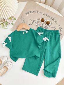 Babygirl Cute Green Bow Knit Short Sleeve T-Shirt & Elastic Waist Pants Set, Summer - Black - View 3
