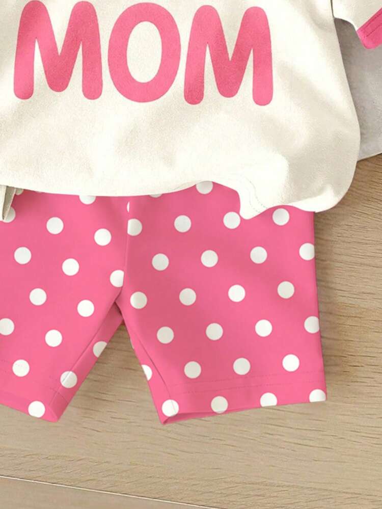 SHEIN 女婴休闲可爱甜美字母爱心印花舒适宽松圆领短袖T恤和骑行短裤套装，适合春夏日常穿着、街头风、居家、度假。 - 彩色 - 查看 5