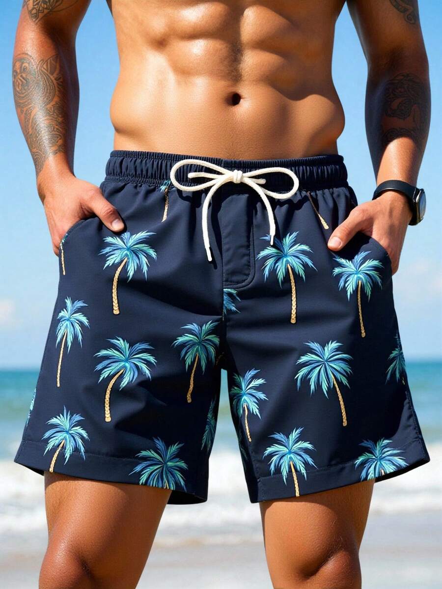 Manfinity Swimmode Men's Palm Tree Pattern Casual Elastic Waist Drawstring Beach Shorts - Navy Blue - View 1