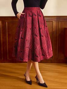 Vintamour 复古经典优雅女士半身裙，修身提花酒红色半身裙，带口袋，秋冬红色半身裙，女士图案半身裙，玫瑰印花中长半身裙，春季女士半身裙 - 酒紅色 - 查看 7