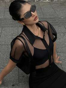 DAZY Casual Business Sheer Mesh Fitted Chiffon Blouse, Minimalist Short Sleeve Women Shirt - Black - View 4
