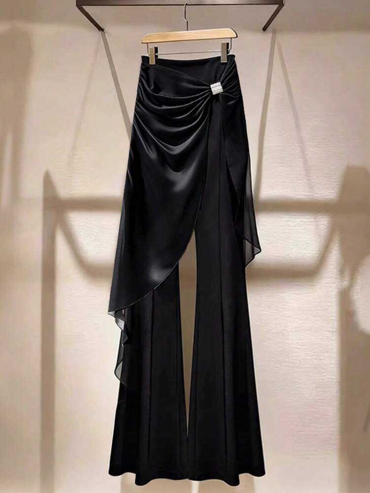 Franclia Pantalones acampanados de gasa elegantes con decoración de strass para vacaciones y citas - Negro - Añade 1