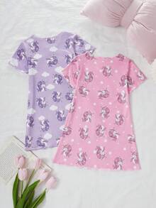 2pcs/Set Girls Cartoon Print Knit Short Sleeve Nightgown Pajamas, Spring/Summer - Multicolor - View 4