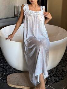 DAZY Ditsy Floral Square Neck Wide Strap Ruffle Hem Long Women Nightgown - Blue - View 8