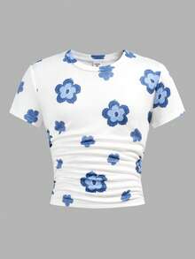 Tween Girl White Knit Pullover Allover Floral T-Shirt, Casual Daily Fashion Versatile With Hair Scrunchie, Cute - White - View 7