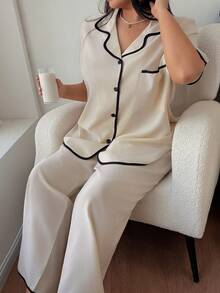 Dream Adore Plus Size Women Contrast Trim Collared Loose Short Sleeve Pajama Set - Apricot - View 4