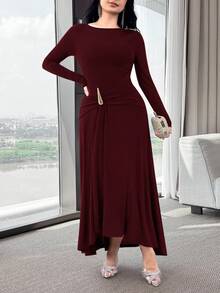 Modelyn 女士纯色船领长袖优雅中长连衣裙 - 酒紅色 - 查看 4