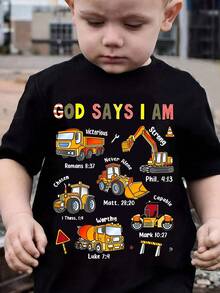 幼儿男童休闲创意挖掘机和卡车图案字母印花短袖T恤，舒适百搭，适合春、夏、秋季穿着。 - 黑色 - 查看 1