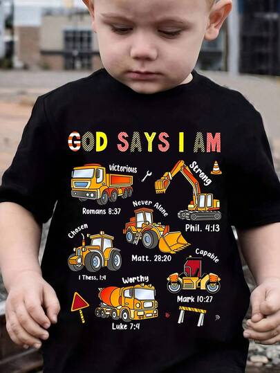 幼儿男童休闲创意挖掘机和卡车图案字母印花短袖T恤，舒适百搭，适合春、夏、秋季穿着。