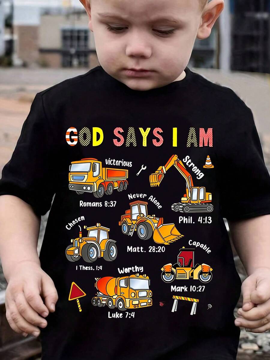 幼儿男童休闲创意挖掘机和卡车图案字母印花短袖T恤，舒适百搭，适合春、夏、秋季穿着。 - 黑色 - 查看 1