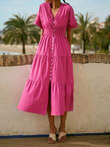 Maija Vestido midi de mujer casual con parches de encaje, fruncido, de manga corta y abotonadura sencilla, adecuado para primavera y vacaciones, estilo bohemio - Rosa Fucsia - Ver 5