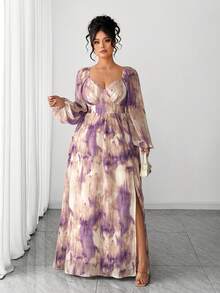 SHEIN Elenzya 大码女式优雅复古水墨扎染印花雪纺双层胸罩杯长袖连衣裙 - 紫色 - 查看 4