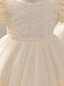 Glamorique Kids 1件女婴蕾丝刺绣泡泡袖薄纱裙缎带公主裙，优雅适合洗礼、生日派对及四季穿着 - 香檳色 - 查看 5