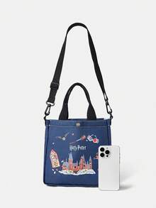 HARRY POTTER X SHEIN Women's Fashionable One-Piece Shoulder Bag, Printed Shoulder Bag With Adjustable Shoulder Strap, Women's Casual Commuting Shoulder Bag - Navy Blue - View 3