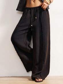 Bohemela 女士休闲纯色梭织宽松水洗裤 - 黑色 - 查看 8