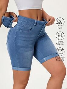 Flexra 夏季休闲水洗修身牛仔短裤 - 藍色 - 查看 9