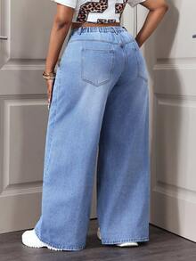Slaydiva Jeans anchos de pierna ancha, de cintura suelta, de moda casual y de uso diario para mujer de talla grande - Lavado ligero - Ver 2