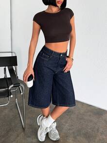 EURMUSE Raw Washed, High Rise, Baggy V Shape Denim Short Jeans Y2k - Dark Wash - View 4