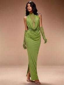 Radiana 女士性感优雅绿色蕾丝拼接修身派对连衣裙，优雅迷人，性感妩媚，浪漫蕾丝拼接垂褶V领修身连衣裙，适合派对、晚宴、情人节、音乐会、俱乐部、嘉年华、节日、约会之夜、聚会、生日、单身派对、鸡尾酒会、正式活动、庆典等场合，尽显端庄、时尚、可爱、休闲、外出、优雅，凸显身材。 - 綠色 - 查看 5