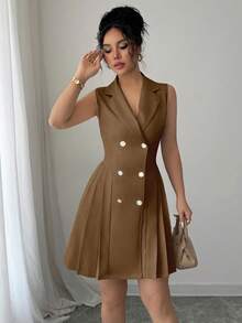 Rafferiza Women's Elegant Commuter Double-Breasted Pleated Hem Sleeveless Dress, Summer - Brown - View 5