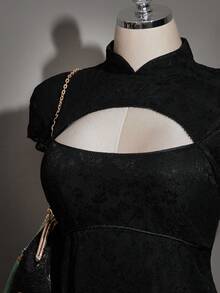 SHEIN ICON 大码女式复古中国风黑色蕾丝连衣裙 - 黑色 - 查看 4