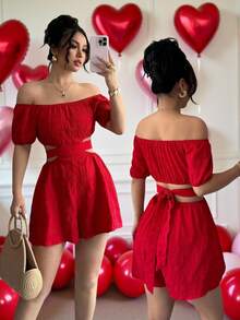 Chiquease 休闲女式休闲度假露肩蝴蝶结露背连体裤