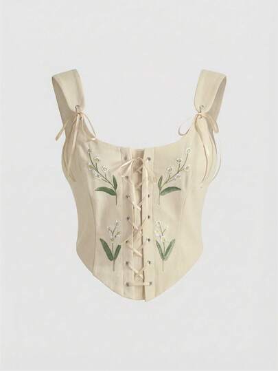 ROMWE Fairycore Plus Size Floral Embroidery Elegant Corset Top