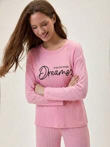 Loomlin 100%纯棉字母图案罗纹针织家居服套装