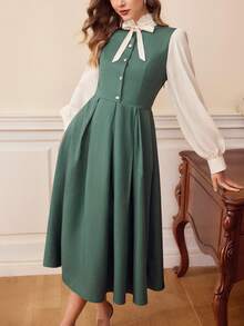 Vintamour Đầm nữ cổ điển thanh lịch có túi, kiểu dáng 2 trong 1, tay áo sơ mi, nơ, viền bèo nhún, cúc ngọc trai, phối màu tương phản, thích hợp cho công sở, du lịch, nghỉ lễ, đầm dài mùa hè cho nữ, trang phục mùa hè, đầm dài mùa hè cho nữ, quần áo mùa hè, trang phục nghỉ hè, trang phục mùa xuân cho nữ, trang phục nghỉ xuân, quần áo mùa xuân, đầm mùa xuân cho nữ, đầm thanh lịch cho nữ. - màu xanh lá - Xem 3