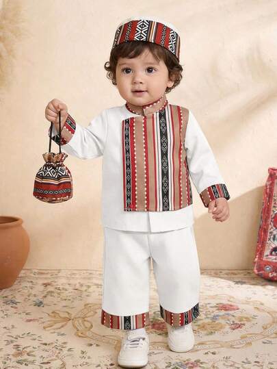 SHEIN 2pcs Baby Boy Casual Elegant Spring/Summer Contrast Color Patchwork Vintage Floral Long Sleeve Shirt Top And Wide Leg Pants Set, Suitable For Birthday Party, Evening Party, Performance, Wedding, Baby Shower, 1st Birthday Celebration, Festivals