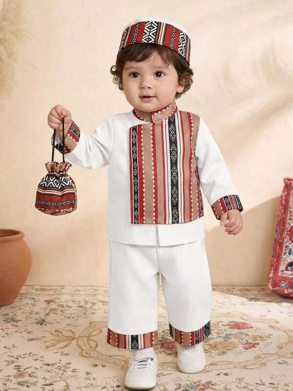 SHEIN مجموعة ملابس علوية كم طويل بتصميم زهري عتيق وبنطلون ساق واسعة للأطفال الصبية، ملائمة للحفلات والأعياد والمناسبات الخاصة مثل عيد الميلاد وحفلات الاستقبال والأعياد والمهرجانات، 2 قطعة