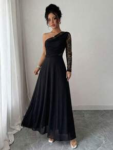 Modelyn Abito elegante da donna in stile francese, con spalla scoperta, in maglia nera con pizzo a contrasto e arricciature - nero - Visualizzare 4