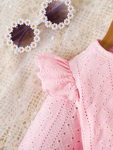 SHEIN 两件套女婴甜美公主裙套装，粉色荷叶边袖外套+无袖连衣裙，松紧腰蝴蝶结设计，时尚百搭，适合日常穿着 - 粉色 - 查看 3