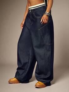 Denimoi 弹性饰边平角内裤，宽松牛仔裤，时尚街头风，90年代复古风 - 深色水洗藍 - 查看 1