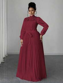 Maweii 大码女士优雅拼接收腰长裙 - 酒紅色 - 查看 3