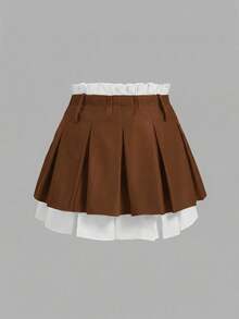 SHEIN MOD Falda plisada con bloques de color de moda informal para tallas grandes - Marrón - Ver 2
