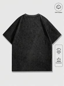 ROMWE MEN Goth Loose Fit Round Neck Short Sleeve Casual T-Shirt, Comfortable For Summer - Black - View 2