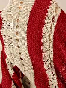 SHEIN EZwear Đầm maxi len móc cỡ lớn dành cho kỳ nghỉ hè - Đỏ và trắng - Xem 9