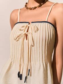 Poéselle Women's Casual Vacation Style Everyday Commute Contrast Trim Knot Front Pleated Camisole,Bow Tie Woven Camisole Top For Women, Spaghetti Strap Pleated Summer Shirt, Lightweight Casual Cami With Contrast Trim,Summer Top,French-Style  Top - Apricot - View 3