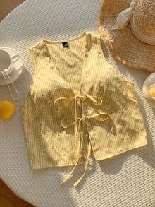 SHEIN EZwear New Summer Vacation Holiday Women's Casual Daisy Plaid Print V-Neck Tie Front Sleeveless Blouse, Summer - Yellow - View 6