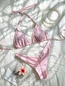Swim Mod Halter Tie Pink Rhinestone Embellished Bikini Swimwear Set - Pink - View 10