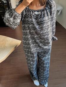 DAZY Conjunto de pijama de mujer con mangas de linterna holgadas, estampado floral decorativo y etiqueta tejida - Negro - Ver 3