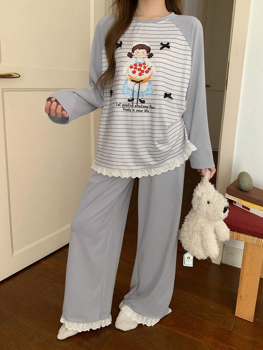 DAZY 2pcs Women Cartoon Girl Striped Splice Raglan Sleeve Lace Ruffle Trim Loose Long Sleeve T-Shirt And Pants Pajama Set - Blue - View 1