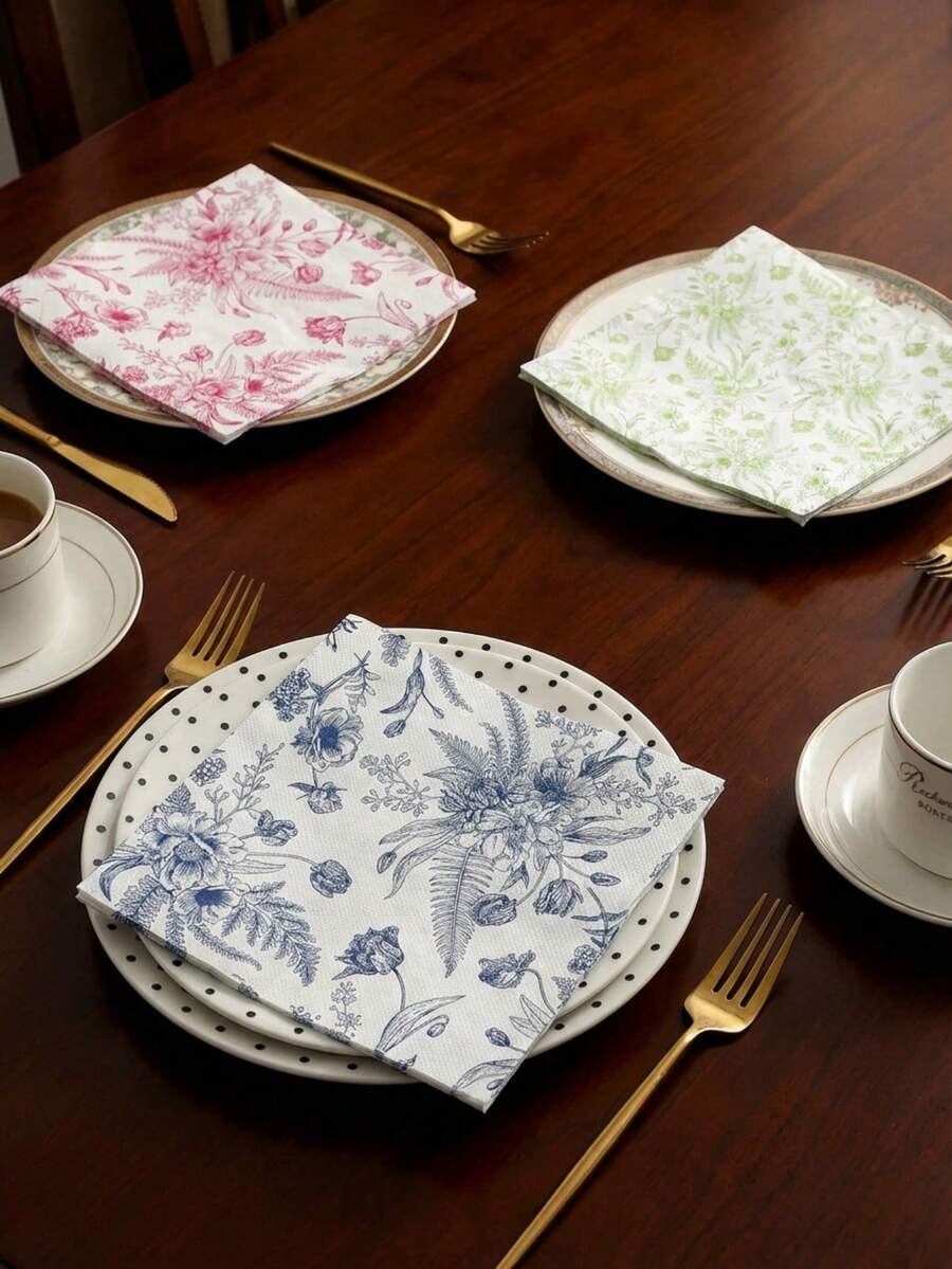 Cirelle 复古花卉图案纸巾 - 20张装，一次性纸巾，适用于早午餐、花园派对和餐桌装饰、婚礼和庆典用品 - 彩色 - 查看 1