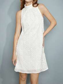 Maija 女士浪漫优雅花卉提花露背无袖白色A字连衣裙，圣诞节假日派对鸡尾酒会礼服，情人节，节日