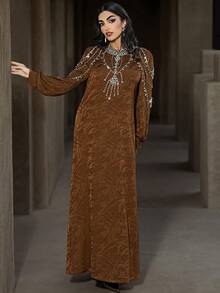 Layrah Coffee Color Jacquard Embroidered Rhinestone Embellished Long Sleeve Arabic Style Dress Luxury Dress For Women  Modest Full Length Jalabiya, Casual Long Sleeve Maxi Dress - Coffee Brown - View 6