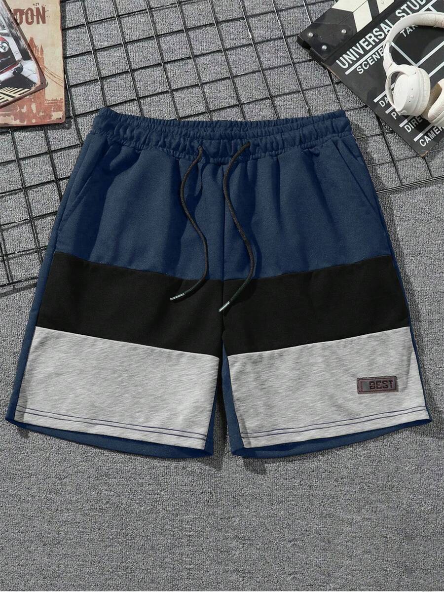 Manfinity Homme 宽松男士撞色字母拼接细节抽绳腰短裤 - 彩色 - 查看 1