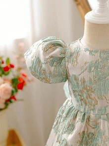 Glamorique Kids 女婴公主裙，蝴蝶结，绿色花卉提花面料，高品质面料，优雅提花连衣裙，适合中东、欧洲、美洲，奢华派对礼服，表演用女婴优雅连衣裙，绿色复古女婴连衣裙，薄荷绿女婴公主裙，优雅蓬蓬女婴连衣裙，欧式女婴连衣裙 - 綠色 - 查看 6